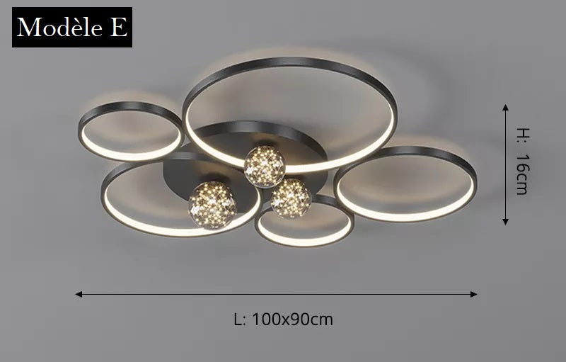 Plafonnier LED anneaux or ou noir et boule en verre