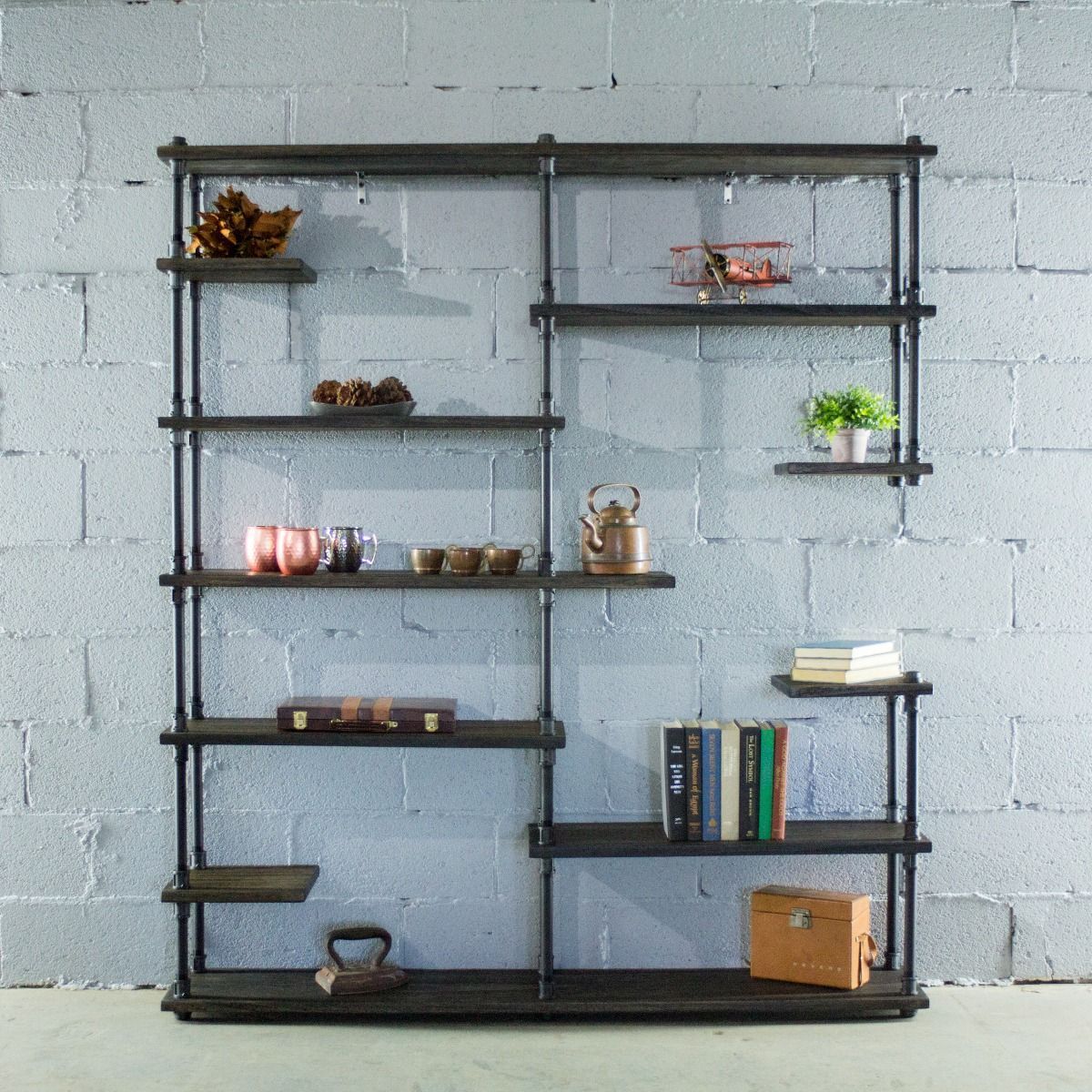 Open Eleven Shelf Industrial Pipe Bookcase - MODERNY